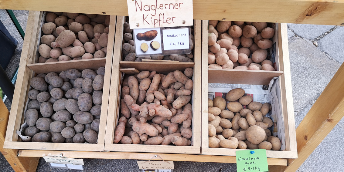 Erdäpfelsorten auf dem Markt, verschiedene Kartoffeln, Bild (c) Mischa Reska - kekinwien.at